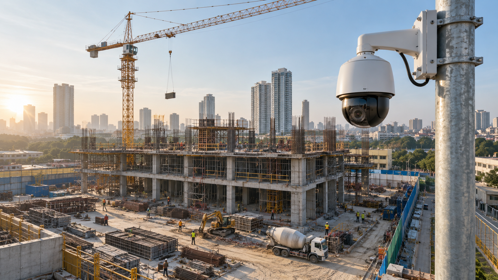 Pole-mounted PTZ camera overlooking an active construction site